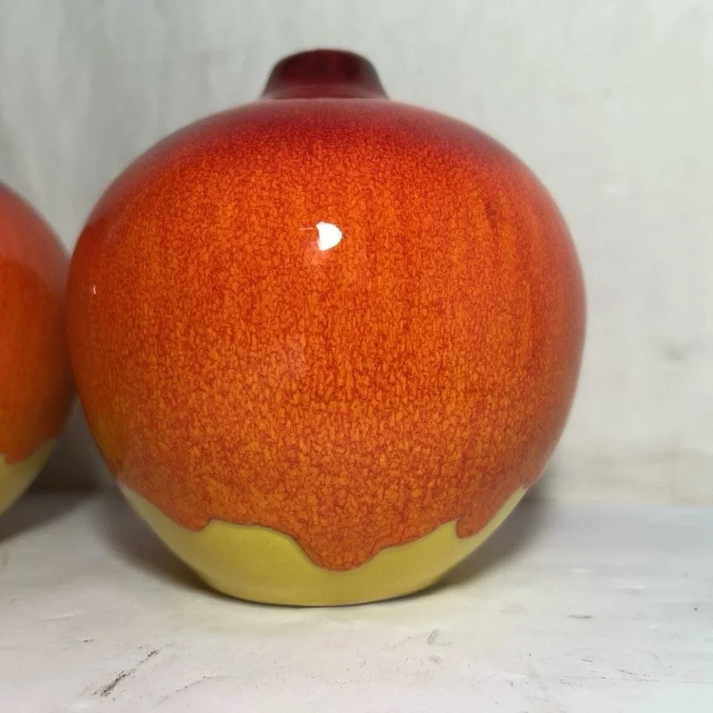 2 Drip Glaze Red Orange Yellow Bud Vase Roy Crate & Barrel Art Pottery 5” Pair